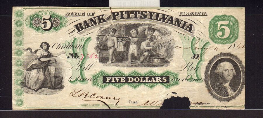 Chatham, VA, 1861 $5 Bank of Pittsylvania
